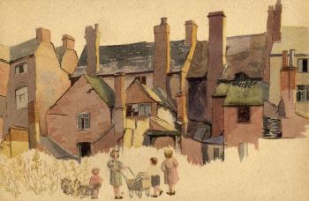 Back of Houses with Children and Pram