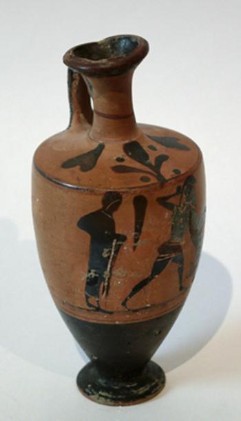 Attic Black Figure Lekythos Decorated with Warriors in Combat