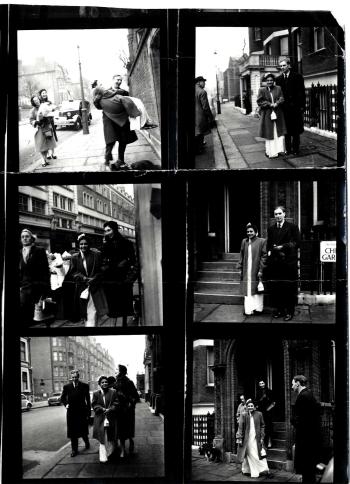 9 shot black and white contact sheet of a register office wedding and informal small reception. Guests include Kathleen Garman, Beth Lipkin and Frisky the dog.