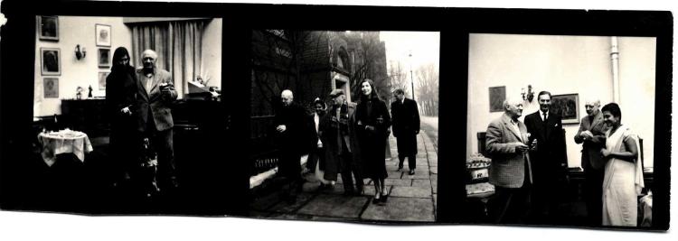 Three prints on a contact sheet of Kathleen Garman, Jacob Epstein, Frisky and a small, unknown wedding party.