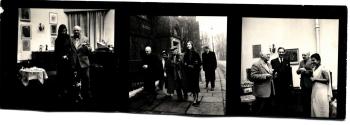 Three prints on a contact sheet of Kathleen Garman, Jacob Epstein, Frisky and a small, unknown wedding party.